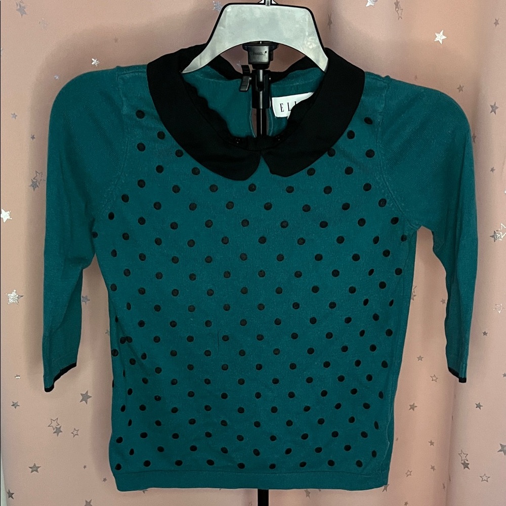 Elle Teal and Black Polka Dot Blouse/Sweater